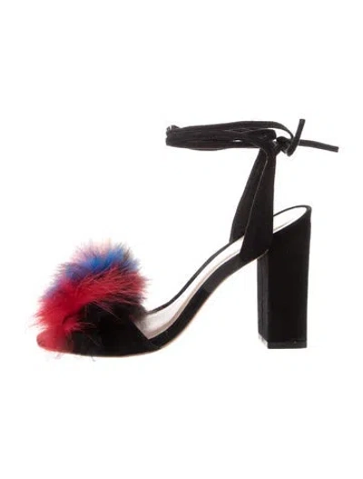 Pre-owned Loeffler Randall Suede Fur Trim Sandals In Black