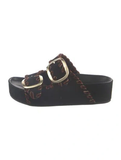 Pre-owned Loeffler Randall Suede Whipstitch Trim Slides In Blue