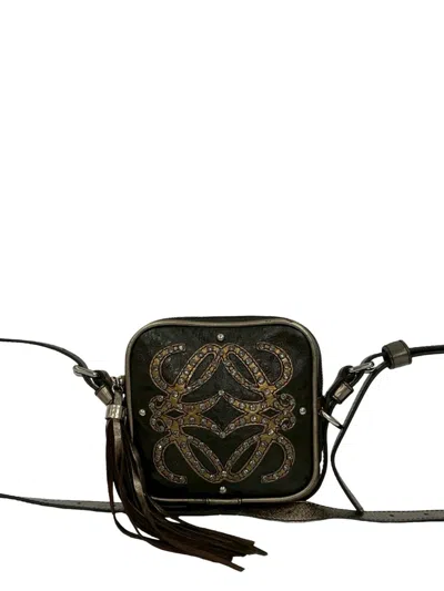 Pre-owned Loewe 1990-2020 Mini Jeweled Leather Anagram Tassel Crossbody Bag In Black