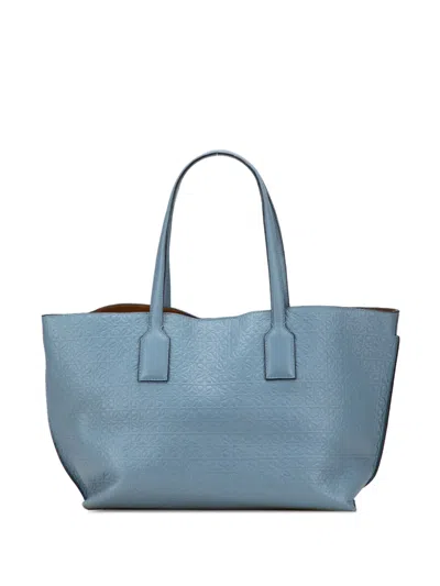 Pre-owned Loewe 2000-2025 Embossed Anagram Leather T Shopper Tote Bag In Blue