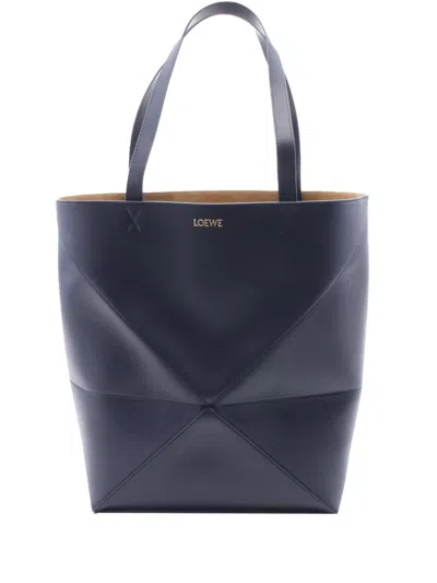 Pre-owned Loewe 2000-2025 Large Shiny Calfskin Puzzle Fold Tote Bag In Blue
