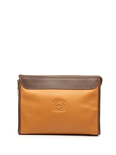 Pre-owned Loewe 2000-2025 Leather Anagram Clutch Bag In Brown