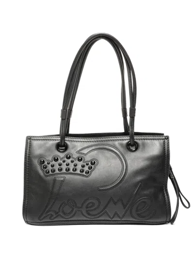 Pre-owned Loewe 2000s Logo-embroidery Studded-embellishment Shoulder Bag In Black