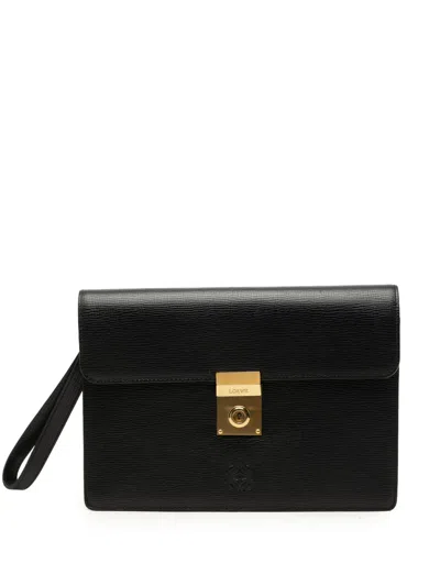 Pre-owned Loewe 2002-2026 Textured Leather Anagram Flap Clutch Bag In Black