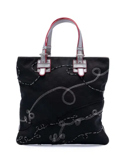 Pre-owned Loewe 2005 Anagram Beaded Jacquard Tote Bag In Black