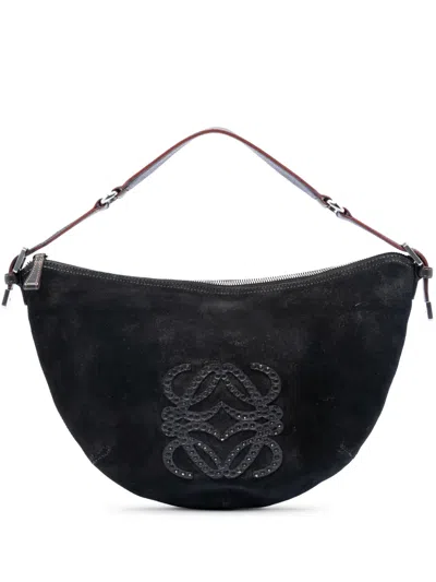 Pre-owned Loewe 2005 Suede Studded Anagram Hobo Bag In Black