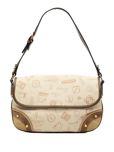 Pre-owned Loewe 2006 160th Anniversary Suede Trimmed Canvas Flap Shoulder Bag In Brown