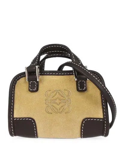 Pre-owned Loewe 2006 Anagram Embossed Leather-trim Tote Bag In Neutrals