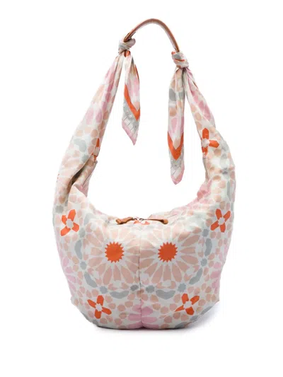 Pre-owned Loewe 2006 Printed Silk Anagram Scarf Hobo Bag In White