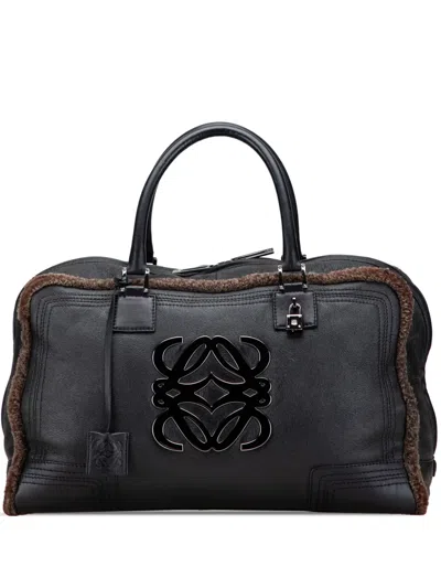 Pre-owned Loewe 2006 Shearling Trimmed Calfskin Amazona 44 Travel Bag In Black