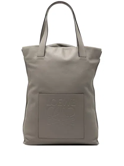 Pre-owned Loewe 2007 Leather Anagram Shopper Tote Bag In Gray