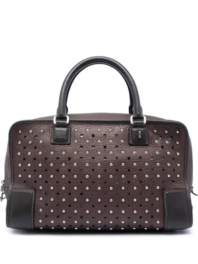 Pre-owned Loewe 2009 Bicolor Leather Studded Perforated Amazona 36 Handbag In Brown