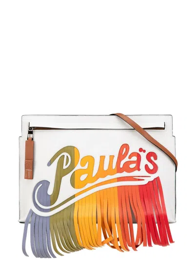 Pre-owned Loewe 2010-2023 Paulas Ibiza Leather Fringe T Pouch Crossbody Bag In White