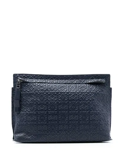 Pre-owned Loewe 2010-2025 Embossed Anagram Leather Repeat T Clutch Bag In Blue