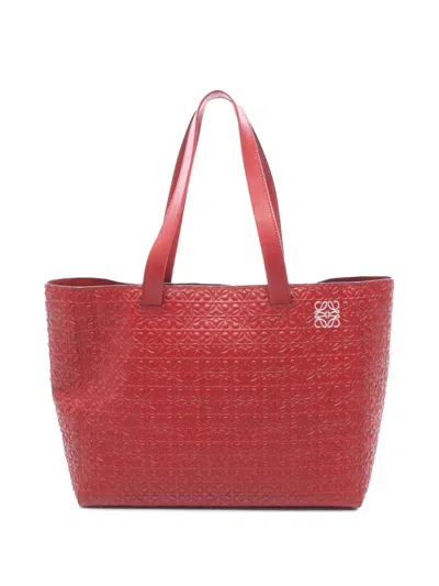 Pre-owned Loewe 2010-2025 Embossed Leather Anagram T Shopper Tote Bag In Red