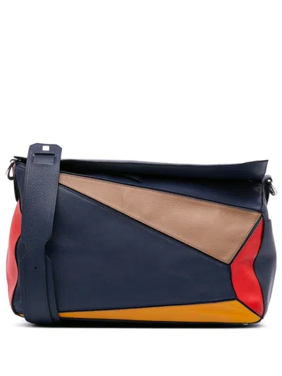 Pre-owned Loewe 2010-2025 Large Multicolor Calfskin Puzzle Satchel In Blue