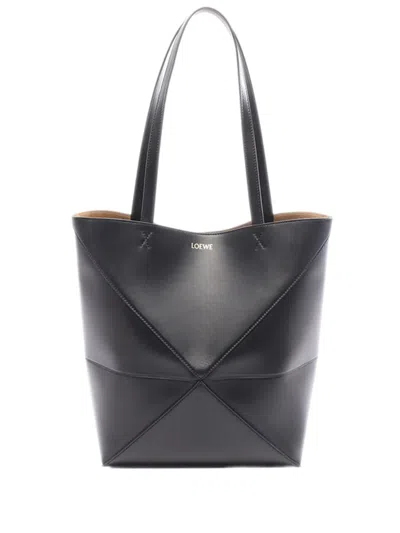 Pre-owned Loewe 2010-2025 Medium Calfskin Puzzle Fold Tote Bag In Black