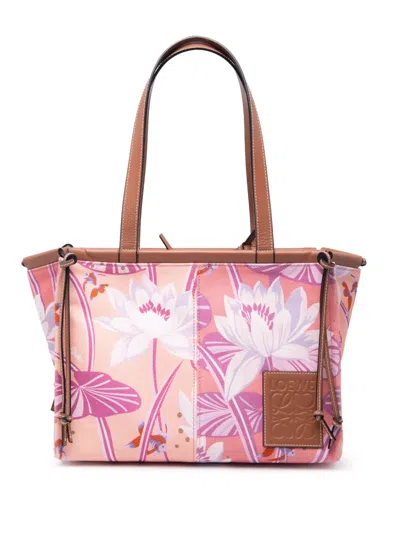 Pre-owned Loewe 2010-2025 Paulas Ibiza Small Canvas Waterlily Print Cushion Tote Bag In Pink
