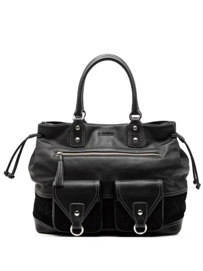 Pre-owned Loewe 2010-2026 Calfskin And Suede Anagram Pocket Tote Bag In Black