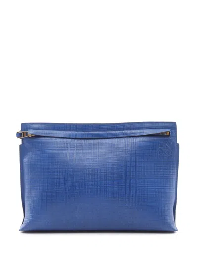 Pre-owned Loewe 2010-2026 Large Linen Embossed Patent Anagram Repeat T Pouch Clutch Bag In Blue
