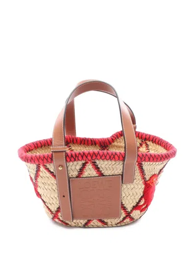 Pre-owned Loewe 2010-2026 Small Raffia Anagram Basket Tote Handbag In Brown