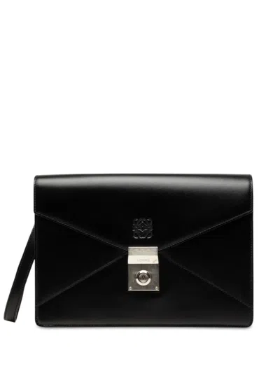Pre-owned Loewe 2010 Leather Anagram Envelope Wristlet Clutch Bag In Black