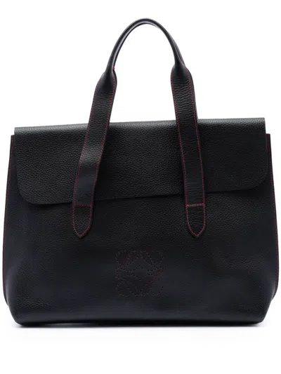 Pre-owned Loewe 2010-2026 Grained Calfskin Anagram Briefcase Business Bag In Black