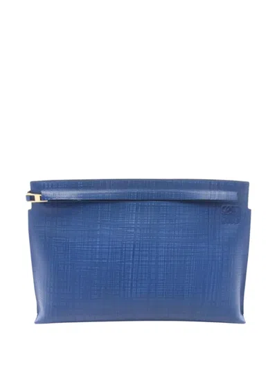 Pre-owned Loewe 2010-2026 Large Linen Embossed Calfskin Anagram T Pouch Clutch Bag In Blue