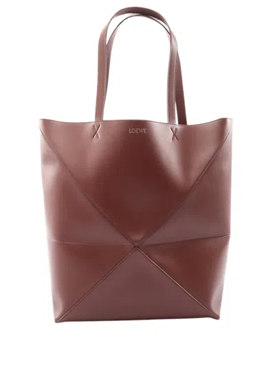 Pre-owned Loewe 2010-2026 Large Shiny Calfskin Puzzle Fold Tote Bag In Brown