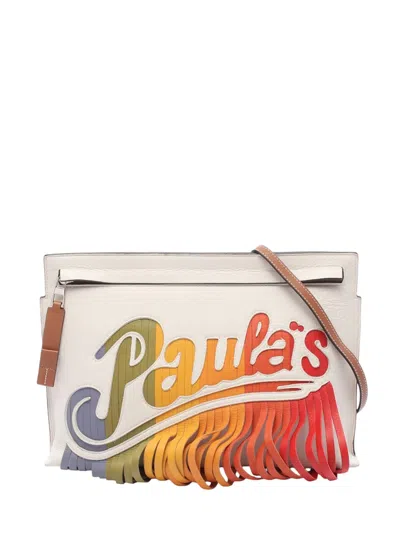 Pre-owned Loewe 2010-2026 Paulas Ibiza Leather Fringe T Pouch Crossbody Bag In White