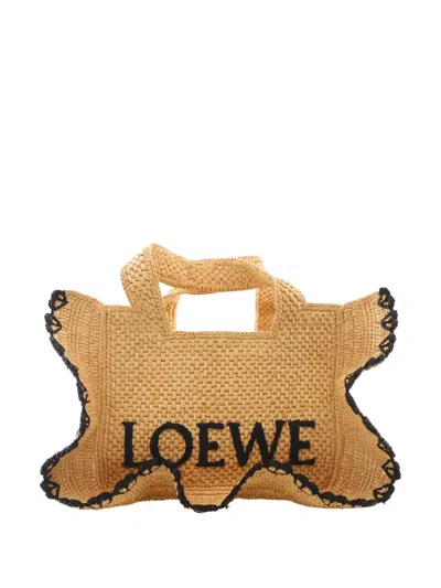 Pre-owned Loewe 2010-2026 Paulas Ibiza Small Ruffled Raffia Font Tote Satchel In Neutrals
