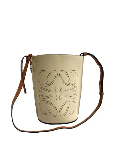 Pre-owned Loewe 2010-2026 Perforated Leather Anagram Gate Bucket Bag In Neutral