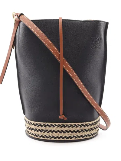 Pre-owned Loewe 2010-2026 Raffia Trimmed Leather Anagram Gate Bucket Bag In Black
