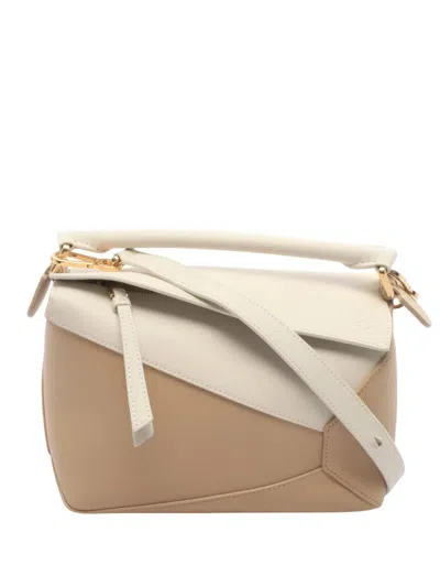 Pre-owned Loewe 2010-2026 Small Bicolor Calfskin Puzzle Edge Satchel In Neutrals