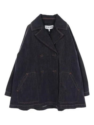 Pre-owned Loewe 2010s Denim Peacoat In Blue