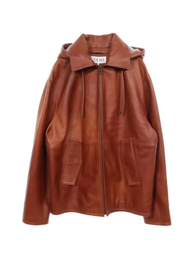 Pre-owned Loewe 2010s Leather Hooded Jacket In Brown