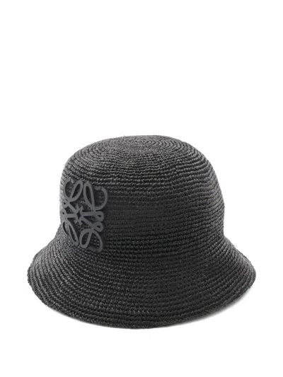 Pre-owned Loewe 2010s X Paula´s Ibiza Anagram Raffia Bucket Hat In Black