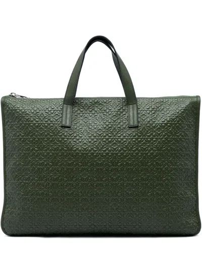 Pre-owned Loewe 2011 Anagram Embossed Leather Toledo Briefcase Business Bag In Green