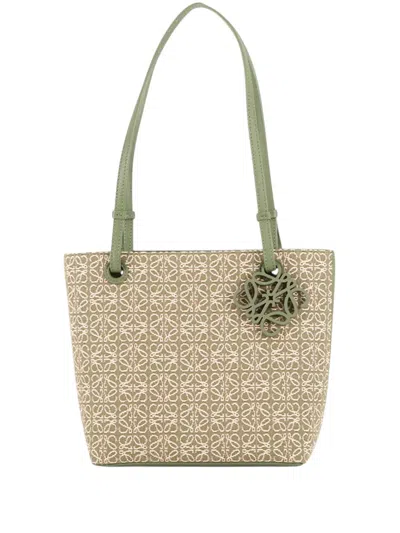 Pre-owned Loewe 2011 Anagram Jacquard And Calfskin Square Tote Bag In Green