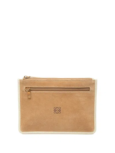 Pre-owned Loewe 2011 Suede Anagram Flat Pouch In Neutral
