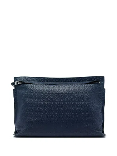 Pre-owned Loewe 2014 Embossed Anagram Leather Repeat T Clutch Bag In Blue