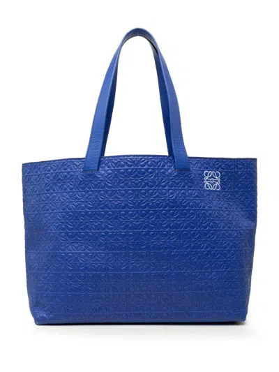 Pre-owned Loewe 2015 Anagram Embossed Leather T Shopper Tote Bag In Blue