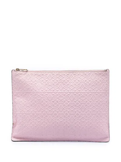 Pre-owned Loewe 2015 Embossed Anagram Calfskin Repeat Pouch Clutch Bag In Pink