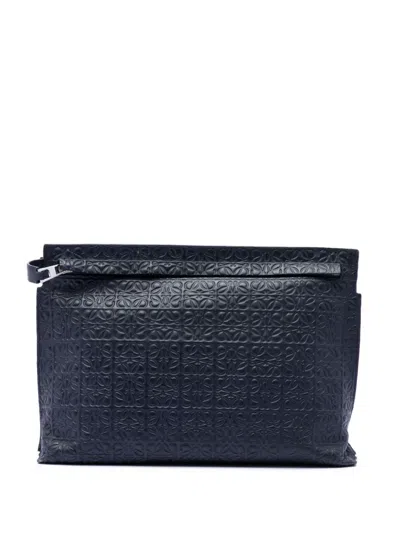 Pre-owned Loewe 2015 Embossed Anagram Leather Repeat T Clutch Bag In Blue
