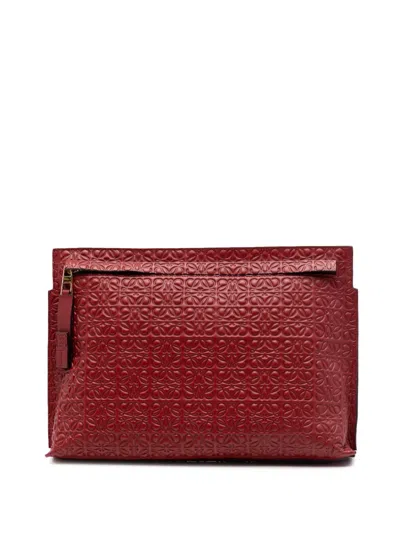 Pre-owned Loewe 2015 Embossed Anagram Leather Repeat T Clutch Bag In Red
