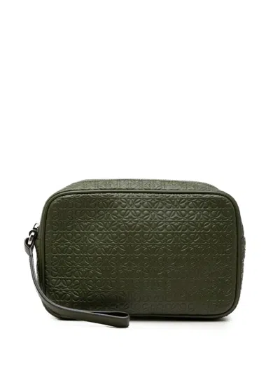 Pre-owned Loewe 2015 Embossed Anagram Leather Wristlet Pouch Clutch Bag In Green