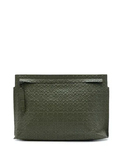 Pre-owned Loewe 2015 Embossed Leather Anagram Repeat T Pouch Clutch Bag In Green