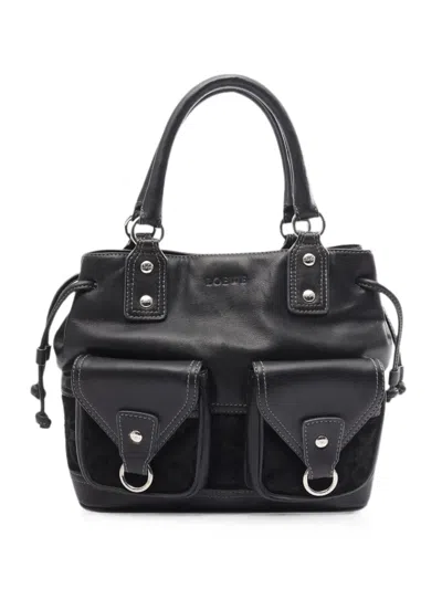 Pre-owned Loewe 2015-2020 Calfskin And Suede Anagram Pocket Tote Bag In Black