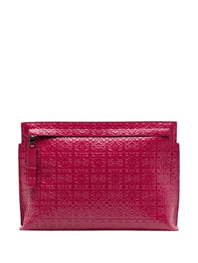 Pre-owned Loewe 2015-2026 Embossed Calfskin Anagram Repeat T Pouch Clutch Bag In Red