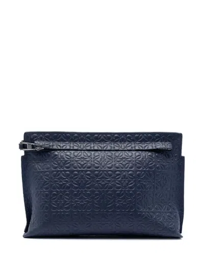 Pre-owned Loewe 2016 Embossed Anagram Leather Repeat T Clutch Bag In Blue